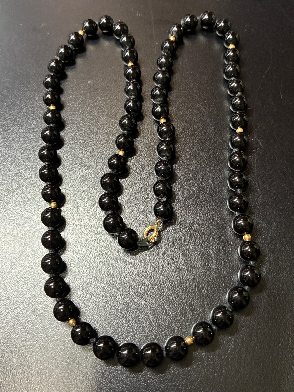 Classic vintage Black Bead Necklace with Gold Accents